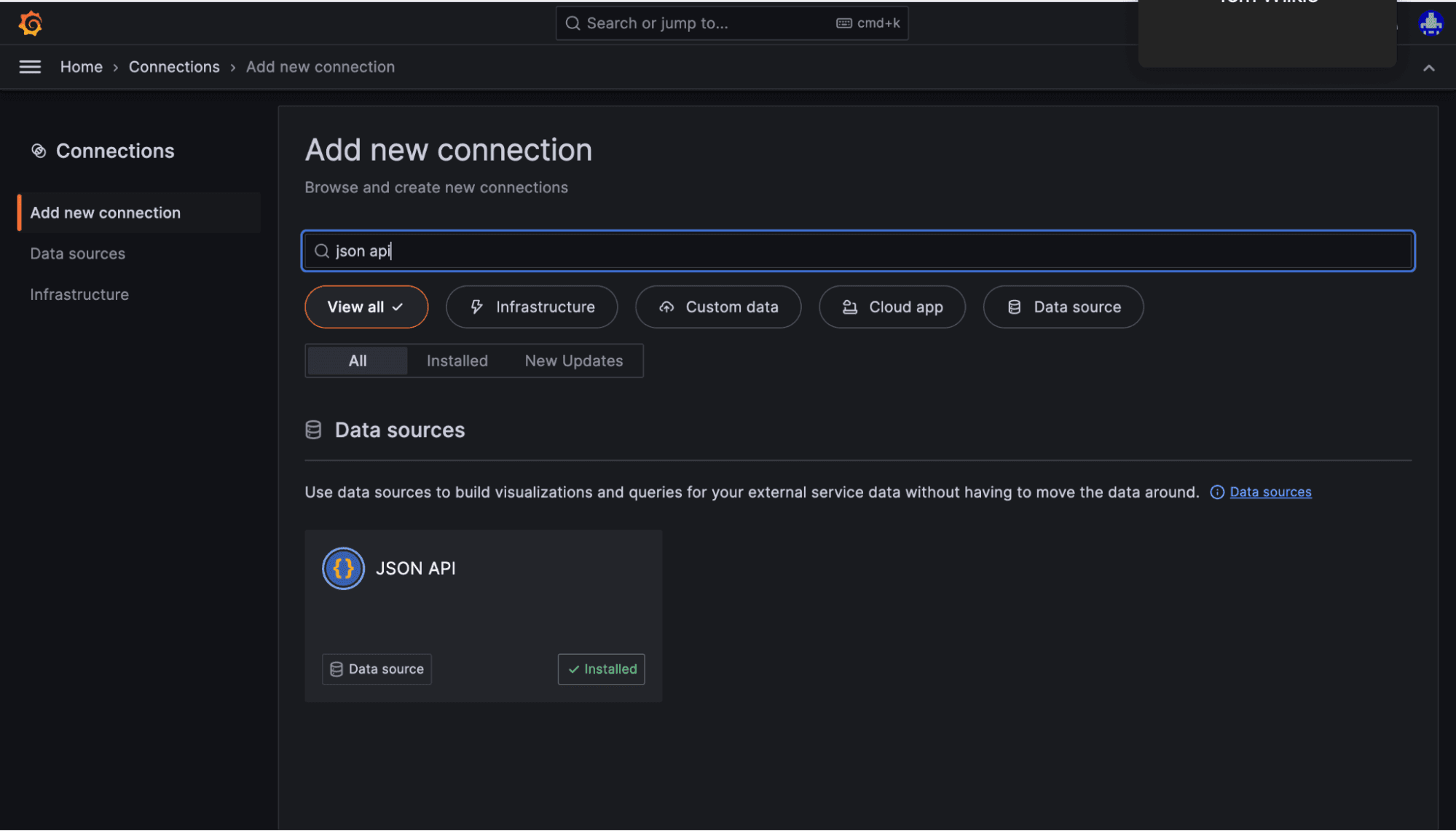 A screenshot of the Add new connection page, with the JSON API appearing after a search.