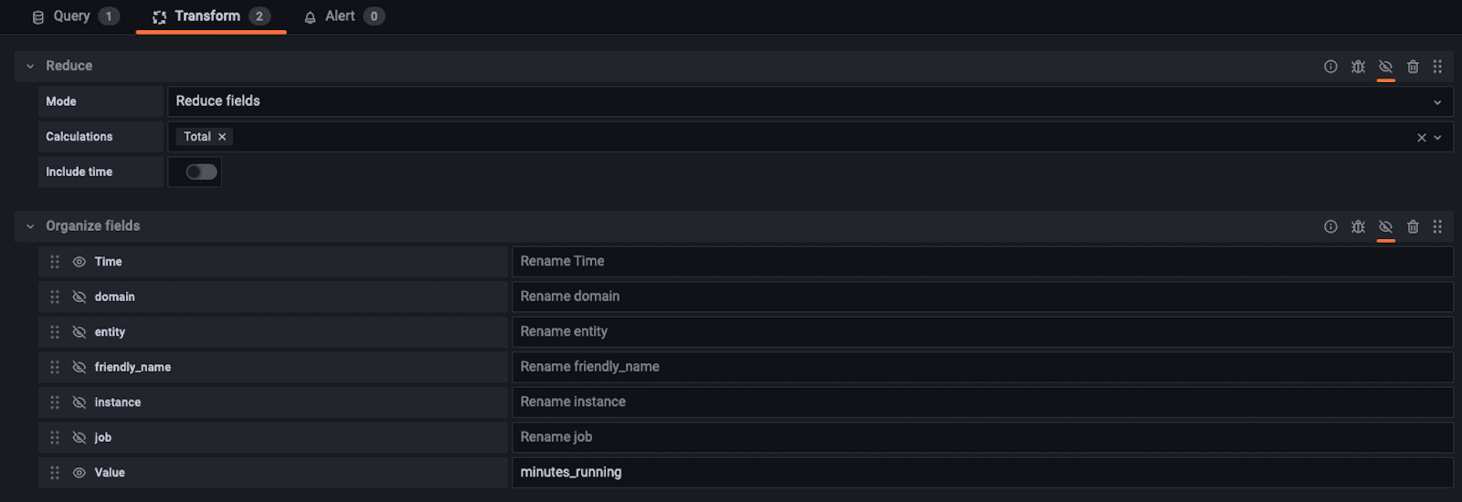 A screenshot of the Transform window in Grafana.