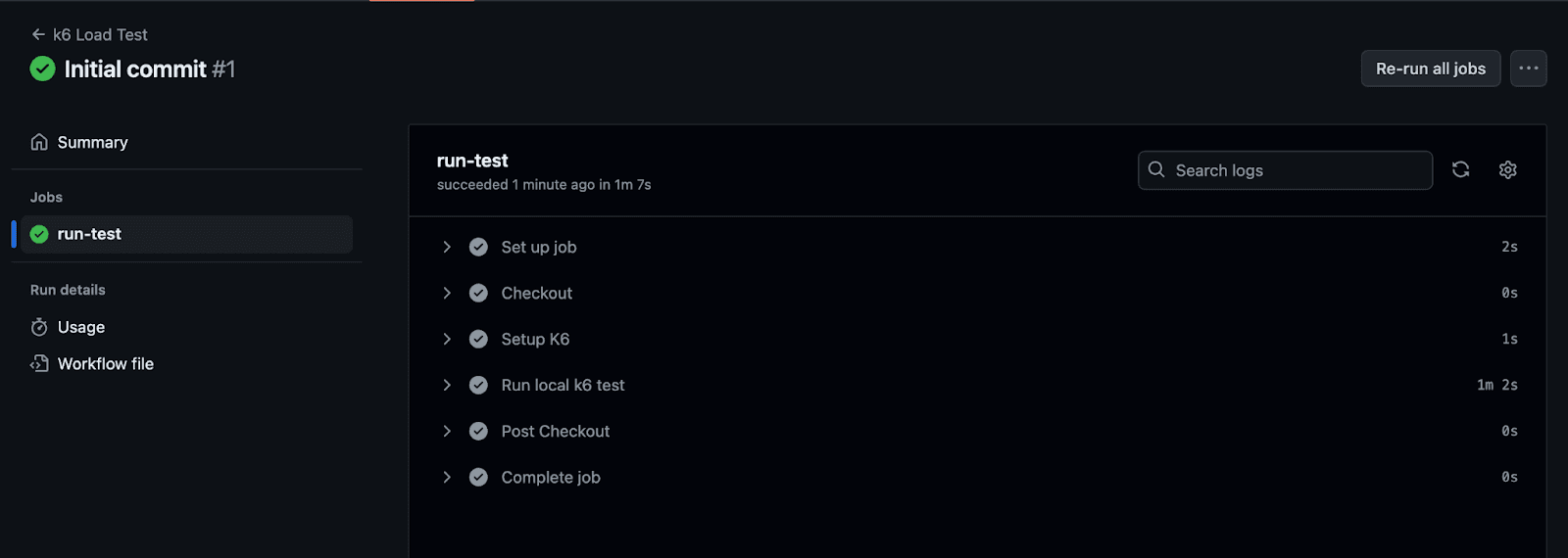 A screenshot the run-test job.
