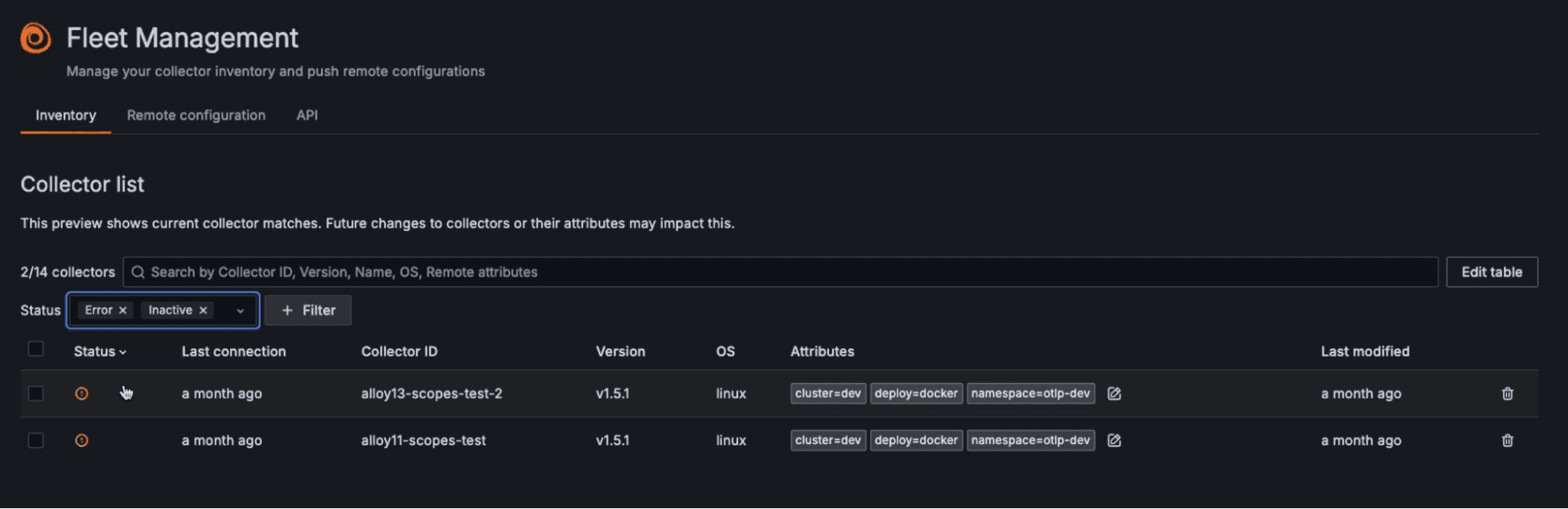 A screenshot of the Inactive filter for collectors in Fleet Management.