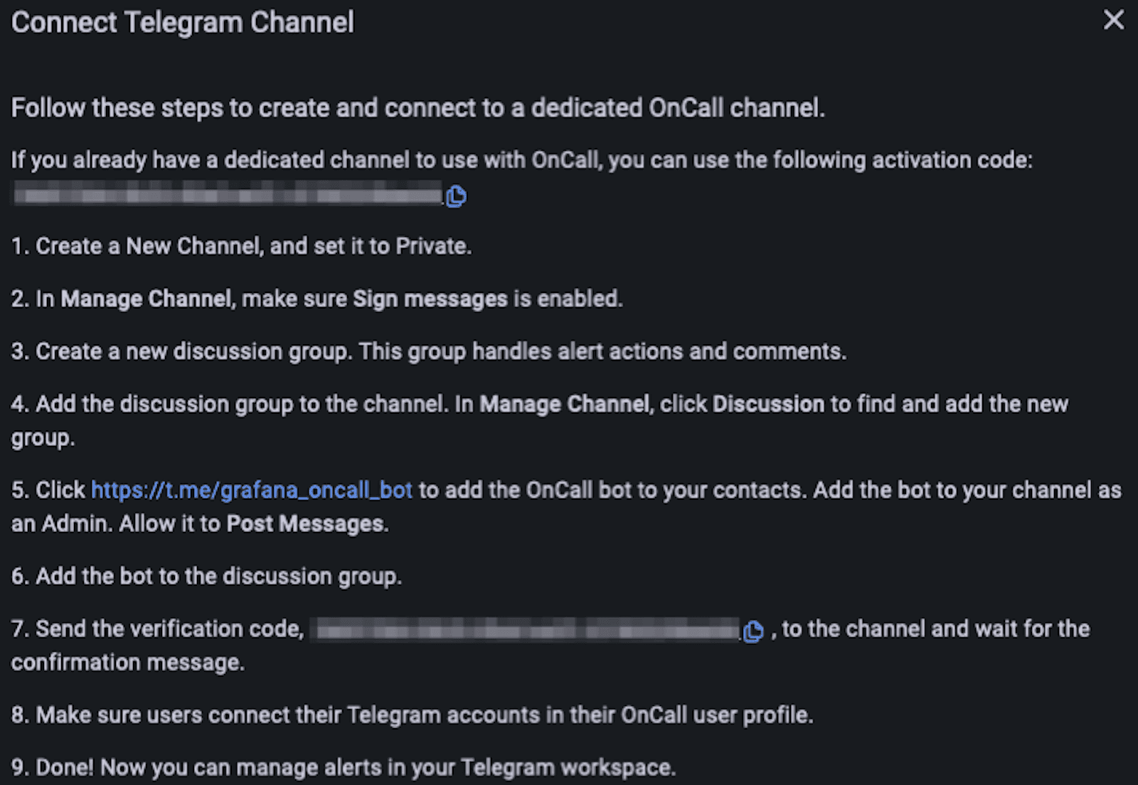 A screenshot of the steps to connect a Telegram channel in Grafana OnCall.