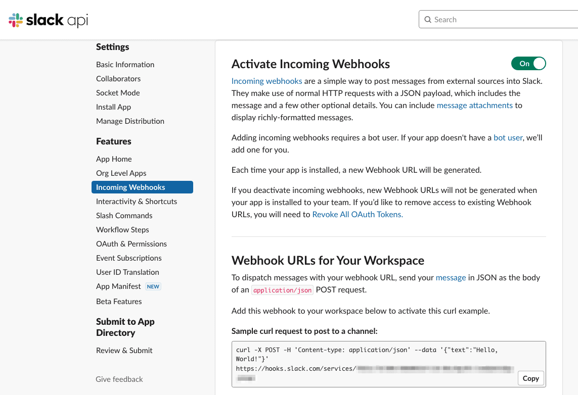 A screenshot of the incoming webhooks documentation from Slack.