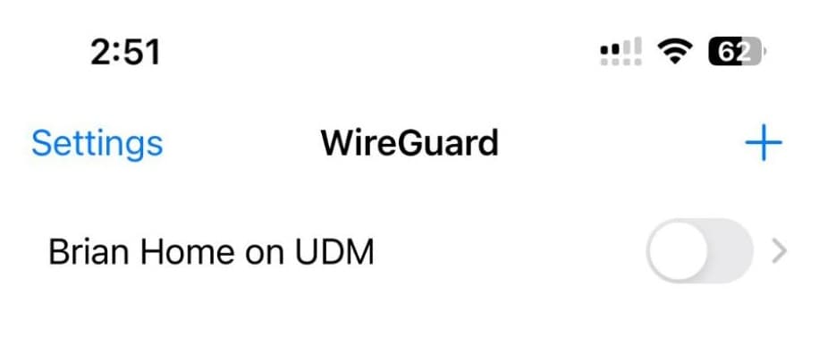 A screenshot from the author's iPhone showing a WireGuard account called Brian Home on UDM