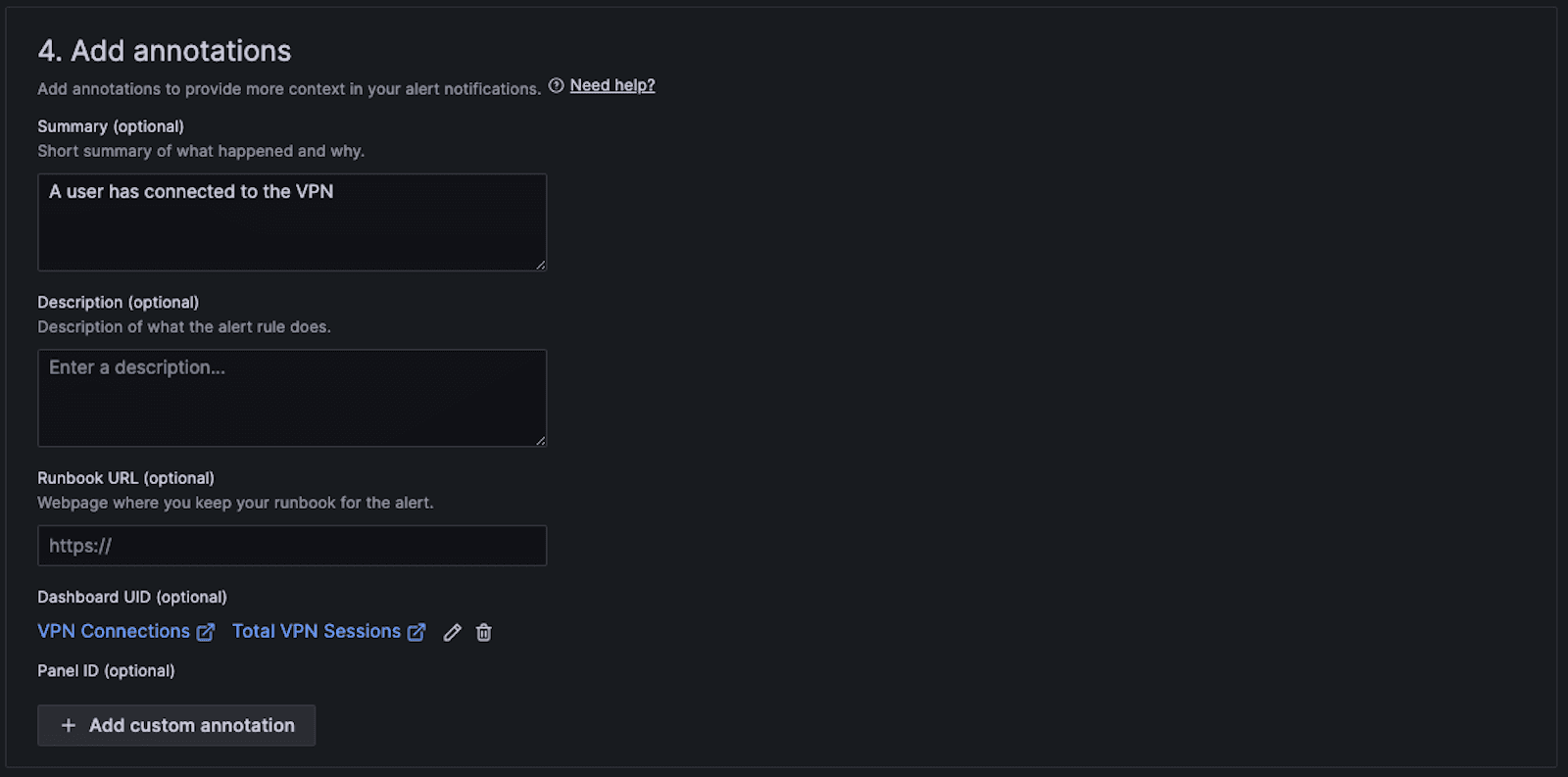 A screenshot of the settings to add annotations that add more context to alert notifications in Grafana alerting.