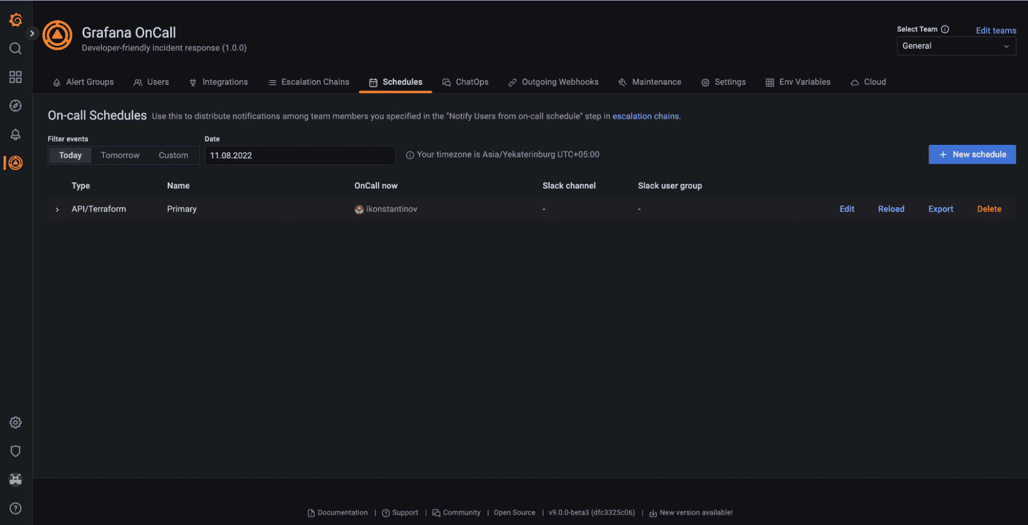 Screenshot of Grafana OnCall UI with schedules configured.
