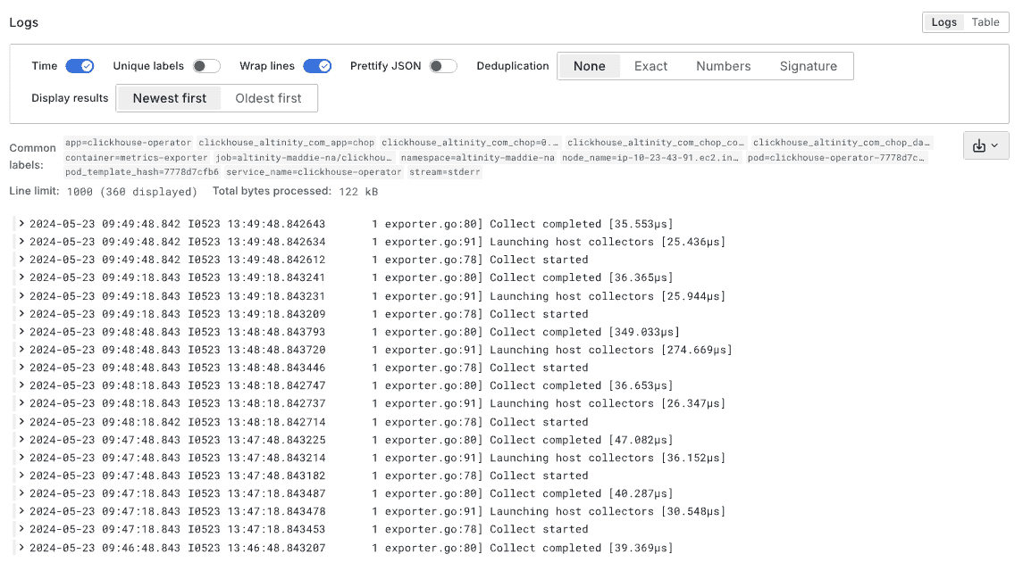 The log entries matching the selector