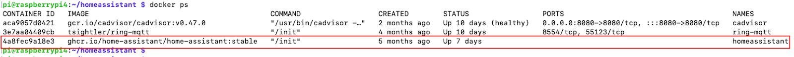 A screenshot of currently running containers with a red outline highlighting the Home Assistant one highlighted.