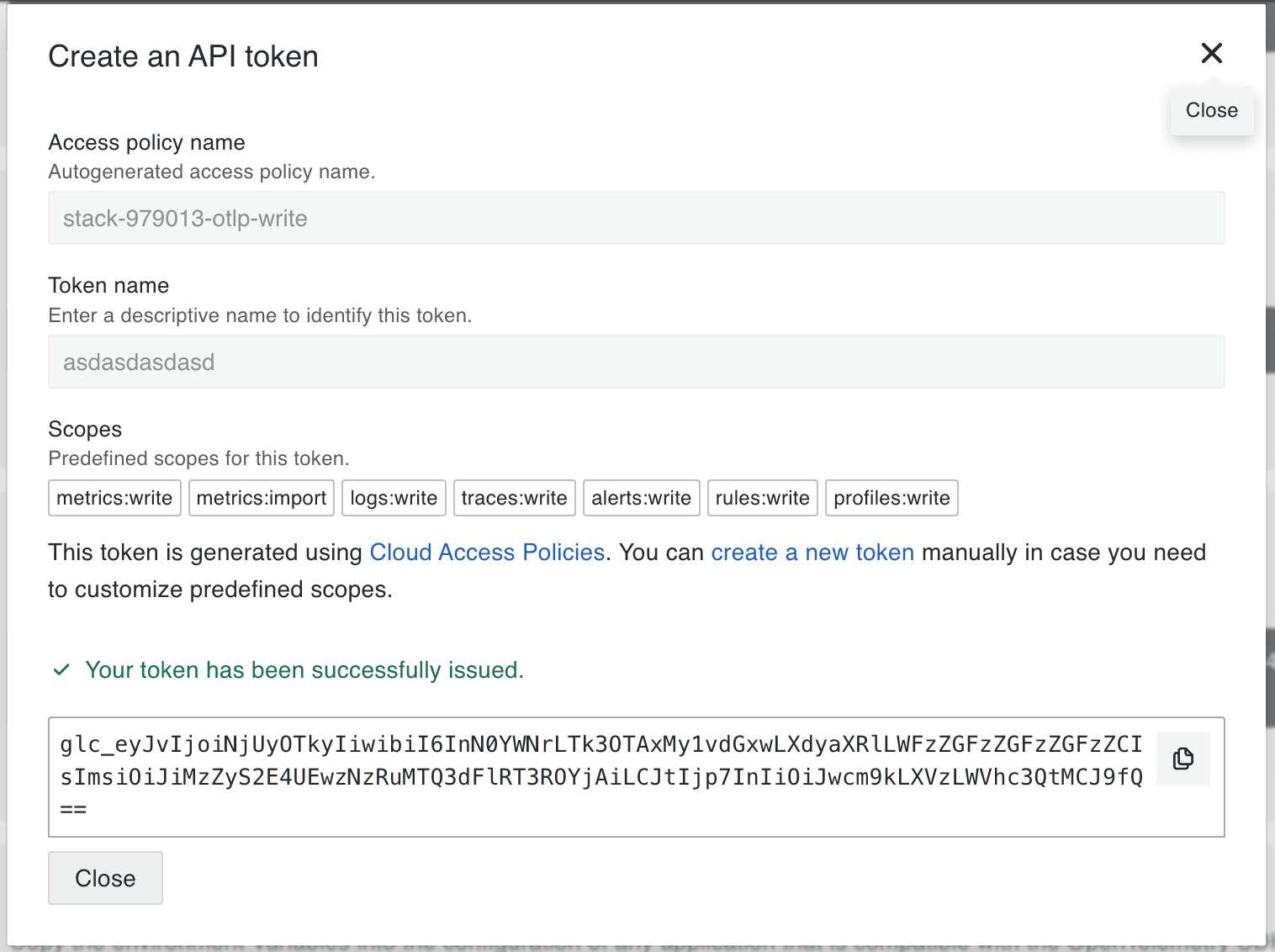 Create an API token menu