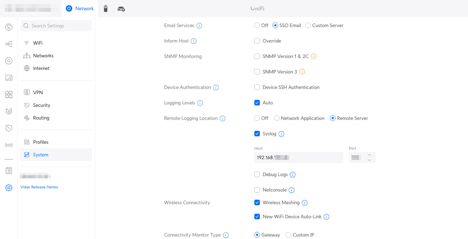 A screenshot of the remote logging configuration on the author's Unifi router