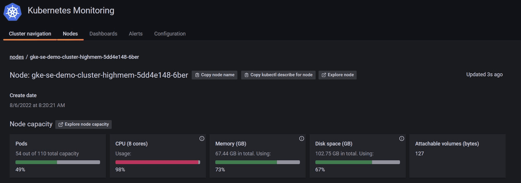 UI showing node capacity in Kubernetes Monitoring in Grafana Cloud