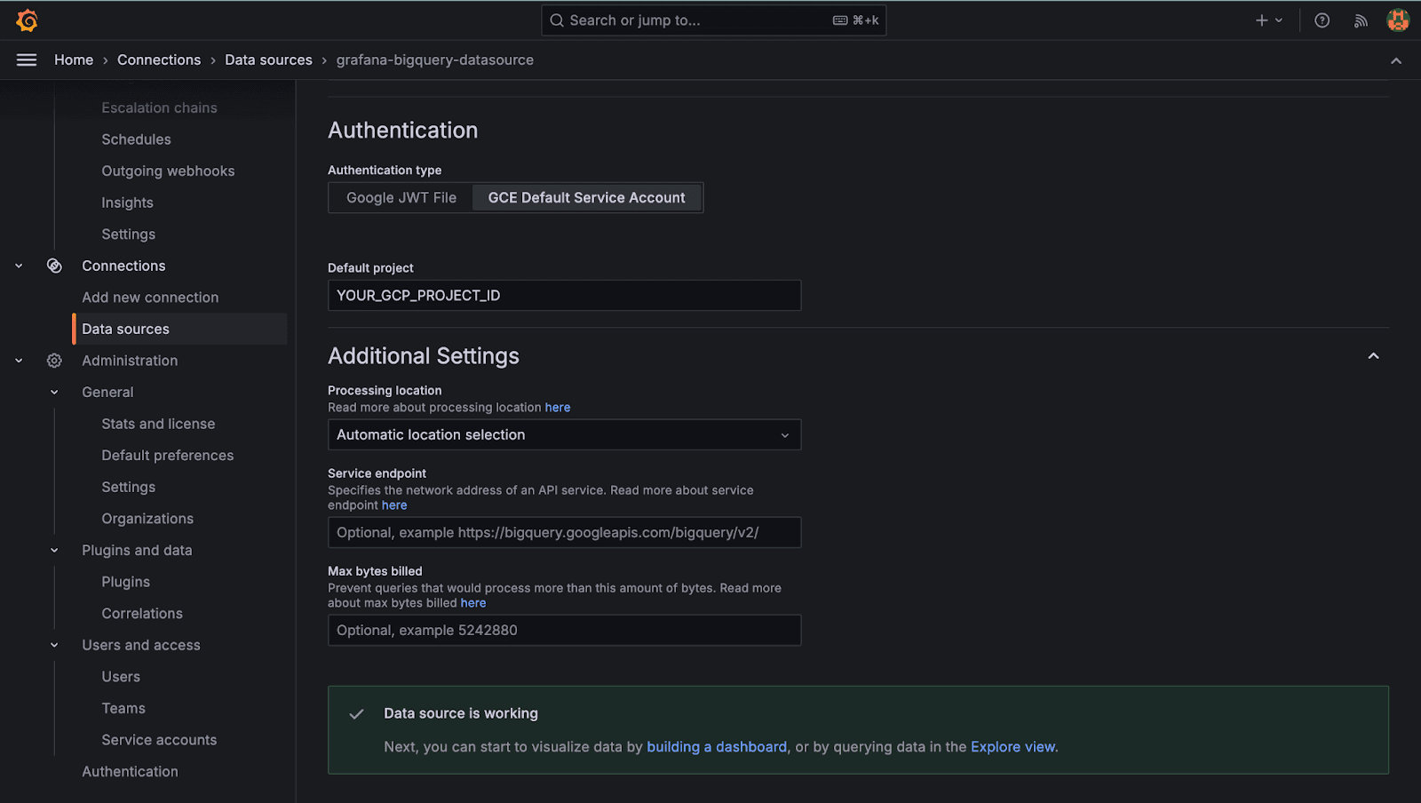 A screenshot of the Authentication page for the BigQuery data source plugin.