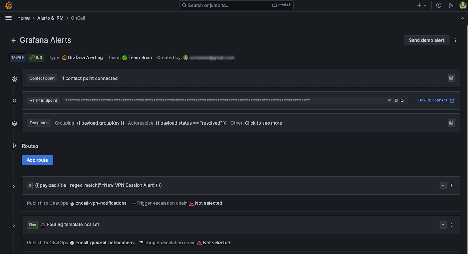 A screenshot of the author's Grafana Alerts configuration showing Contact point, Http Endpoint, Templates, and Routes.