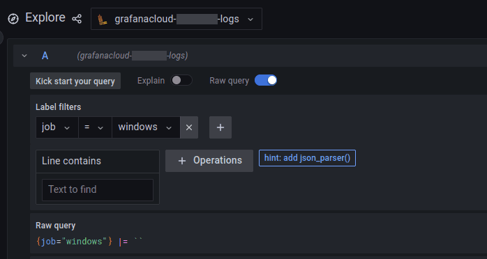 Screenshot of Grafana Explore UI