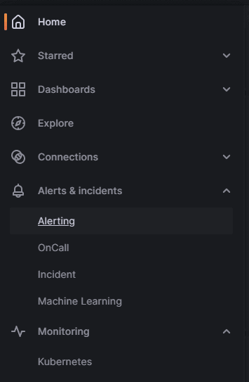 Screenshot of left-hand navigation menu in Grafana Cloud