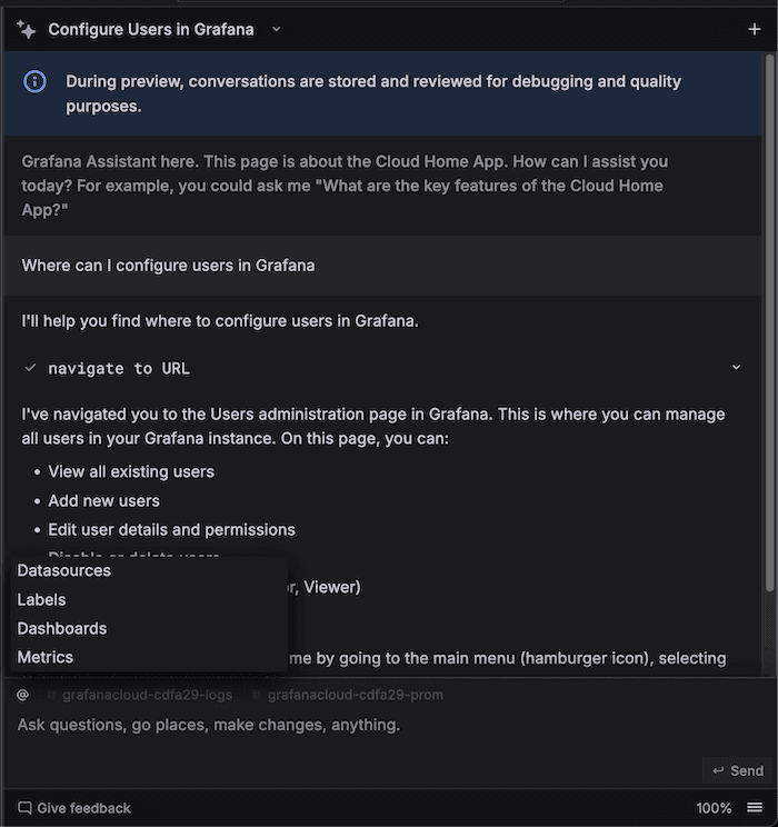 Pop up menu for adding context for specific datasources, labels, dashboards, or metrics
