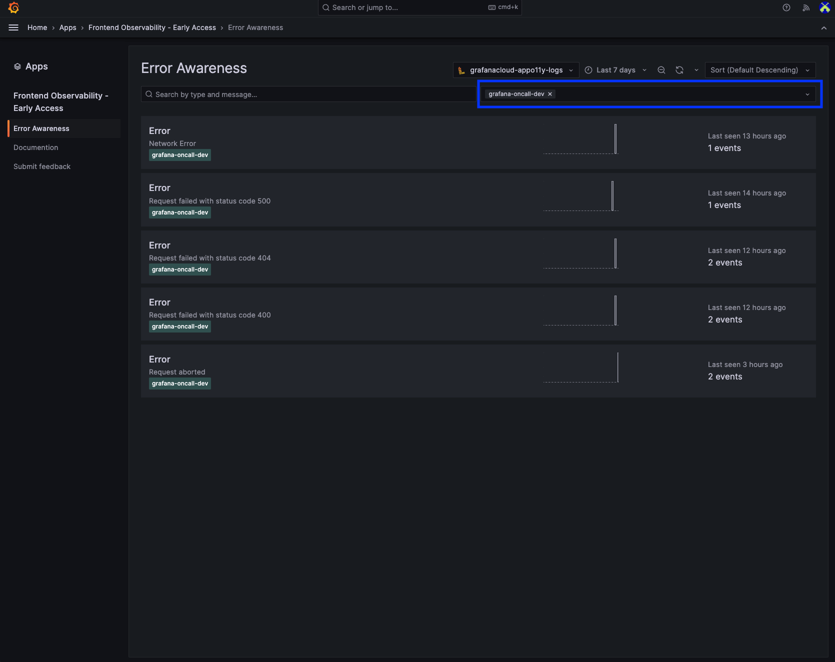 Screenshot of Error Awareness UI in Grafana Cloud Frontend Observability