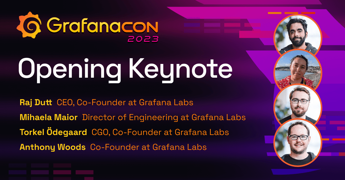 The title card for the GrafanaCON 2023 keynote, including the title of the session, the date and time, and the GrafanaCON 2023 logo.