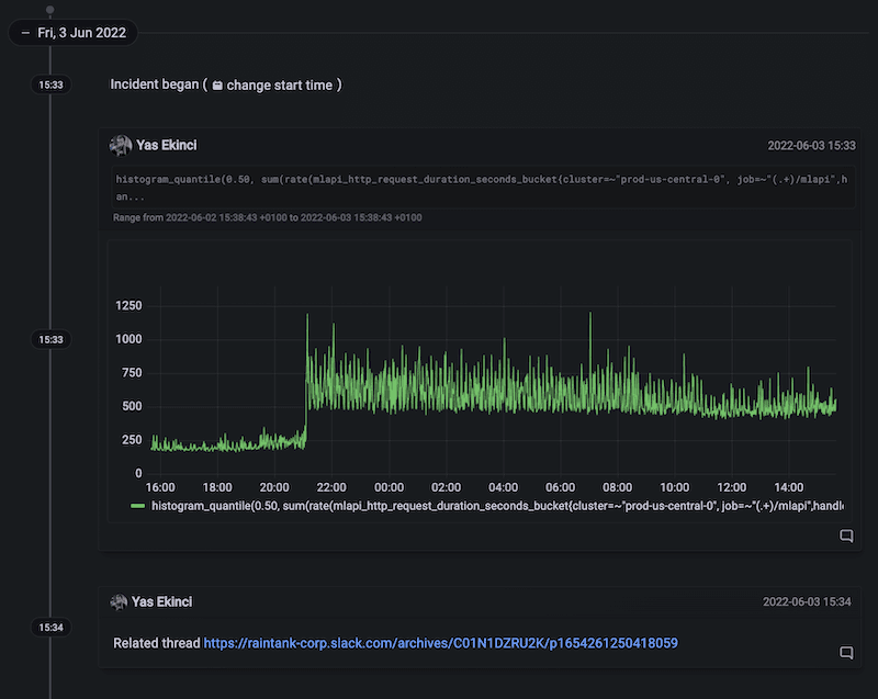 Screenshot of activity timeline in Grafana Incident.