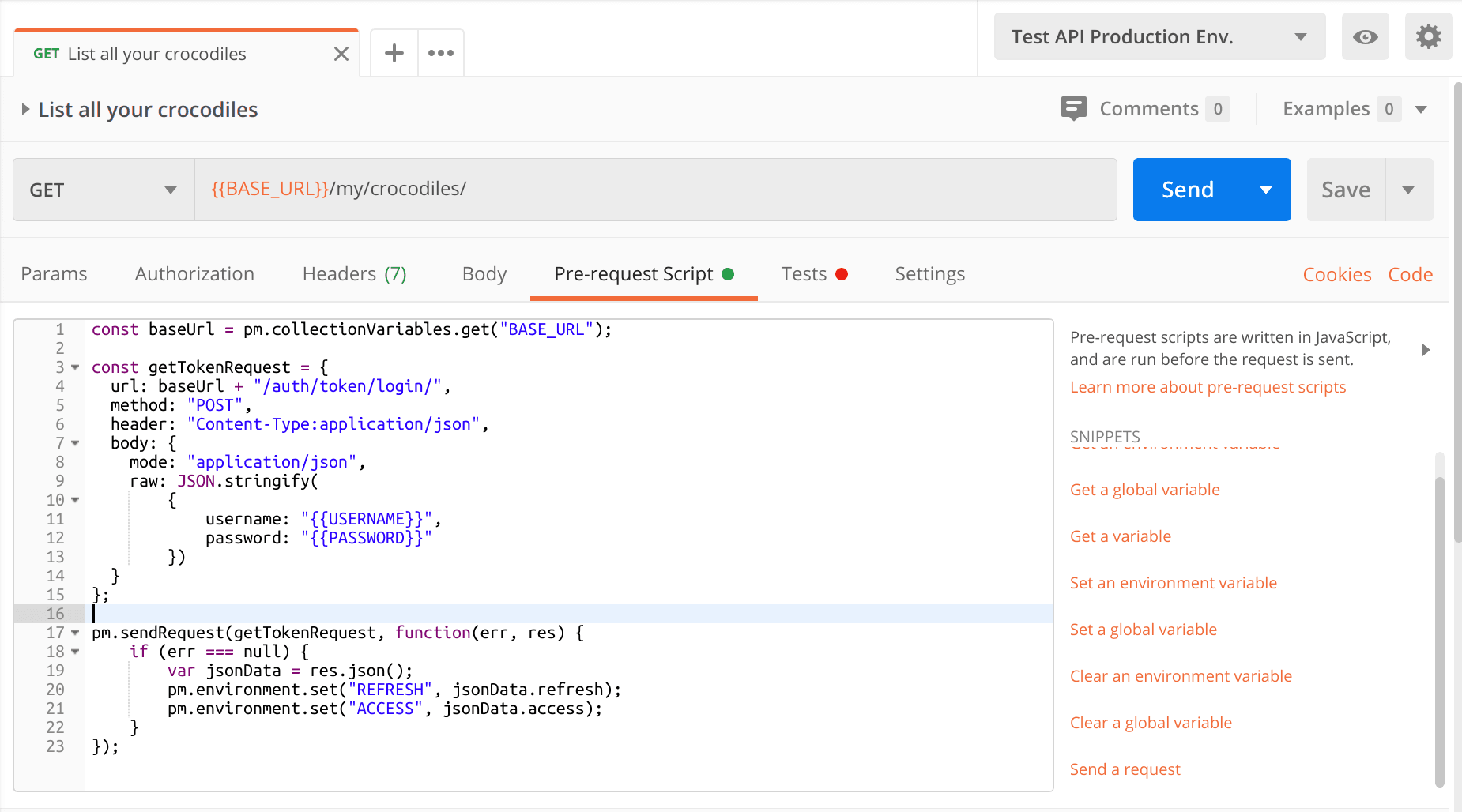 Test API Postman collection pre-script.