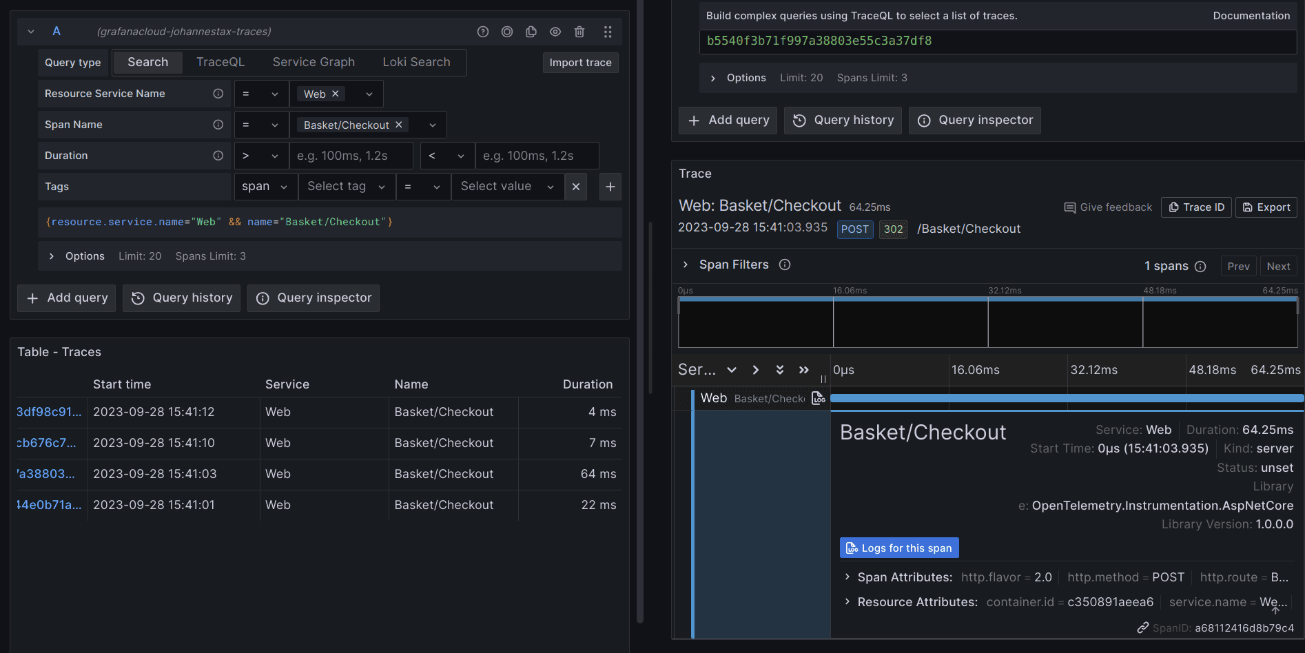 Grafana dashboard showing OpenTelemetry traces from a NET application