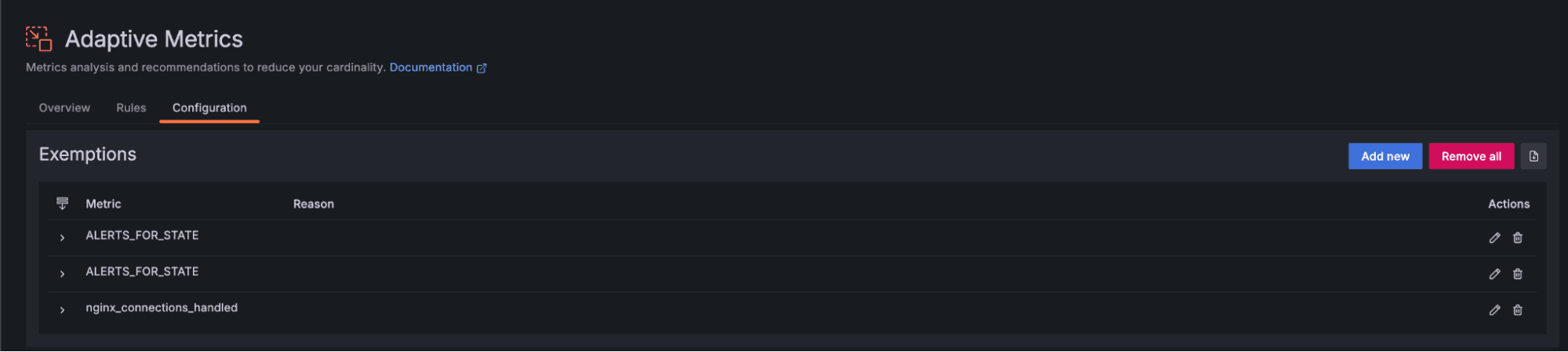 A screenshot of the Exemptions feature in Adaptive Metrics.