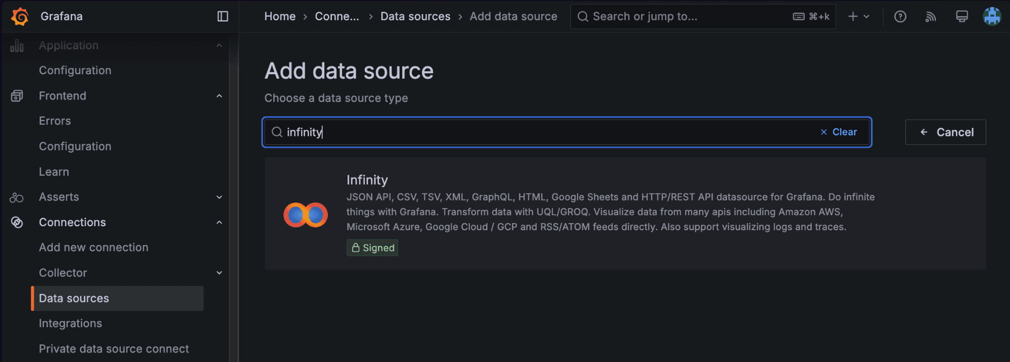 A screenshot showing a search for the Infinity data source.