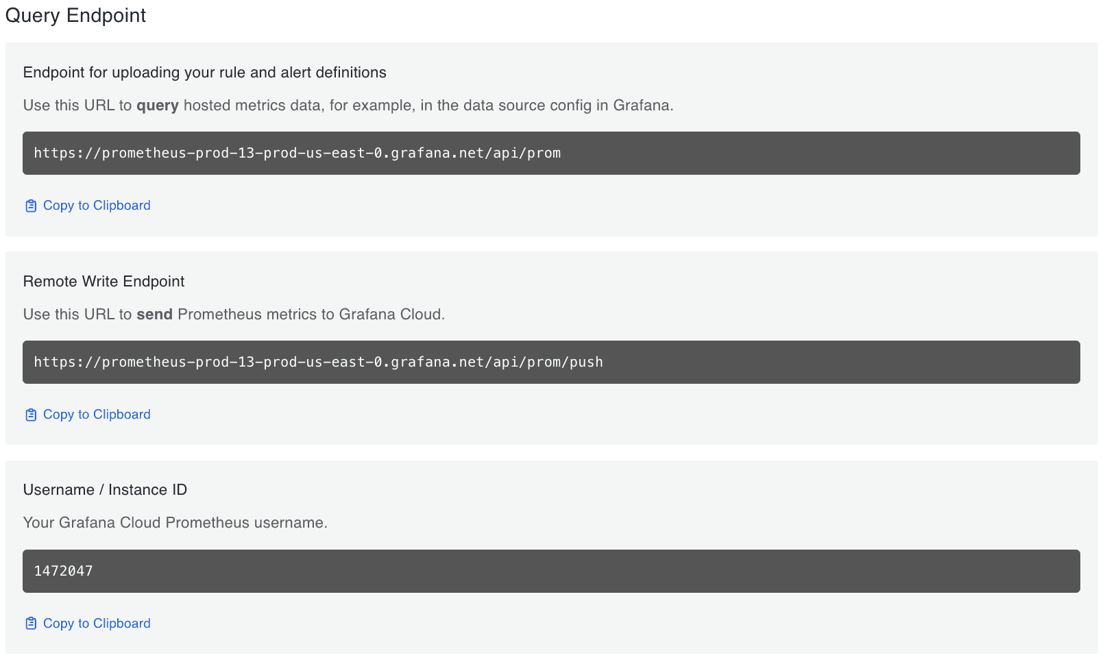Screenshot of query endpoint in Grafana Cloud Metrics