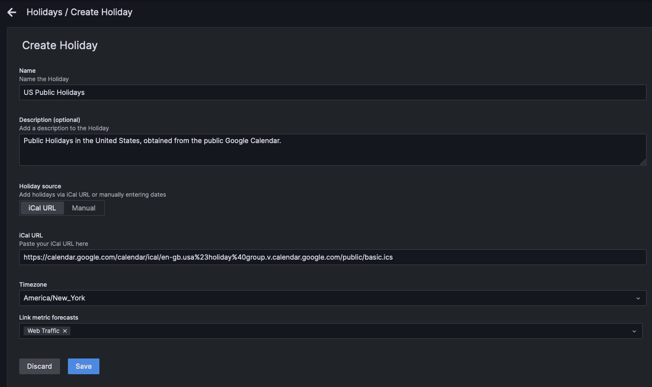 Grafana Machine Learning UI for creating a Holiday