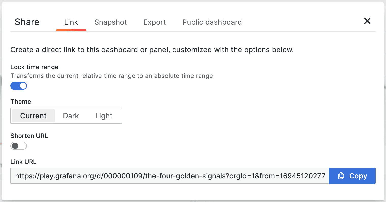 A screenshot of the link sharing window in Grafana