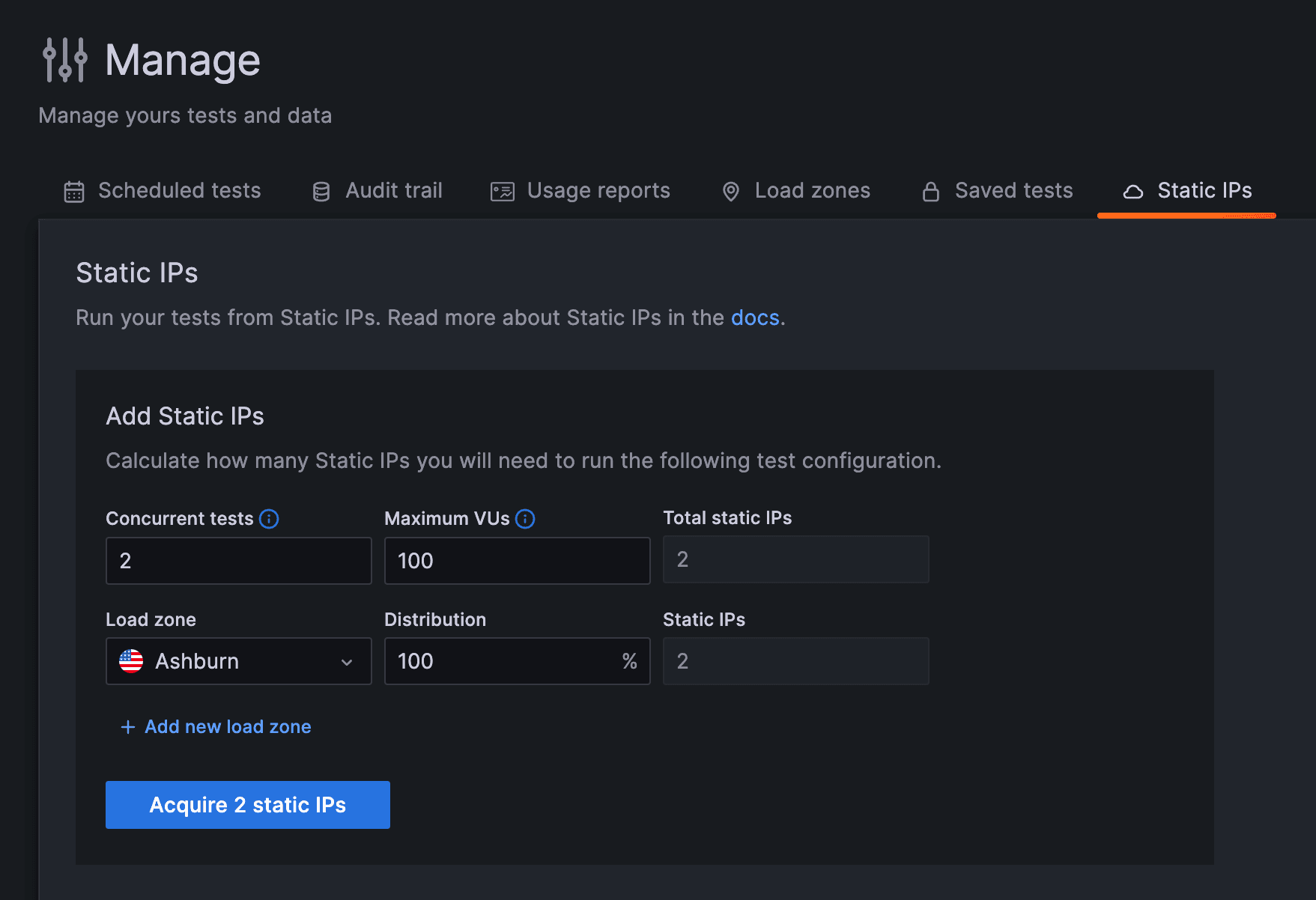 A screenshot showing the new static IP functionality in Grafana Cloud k6.