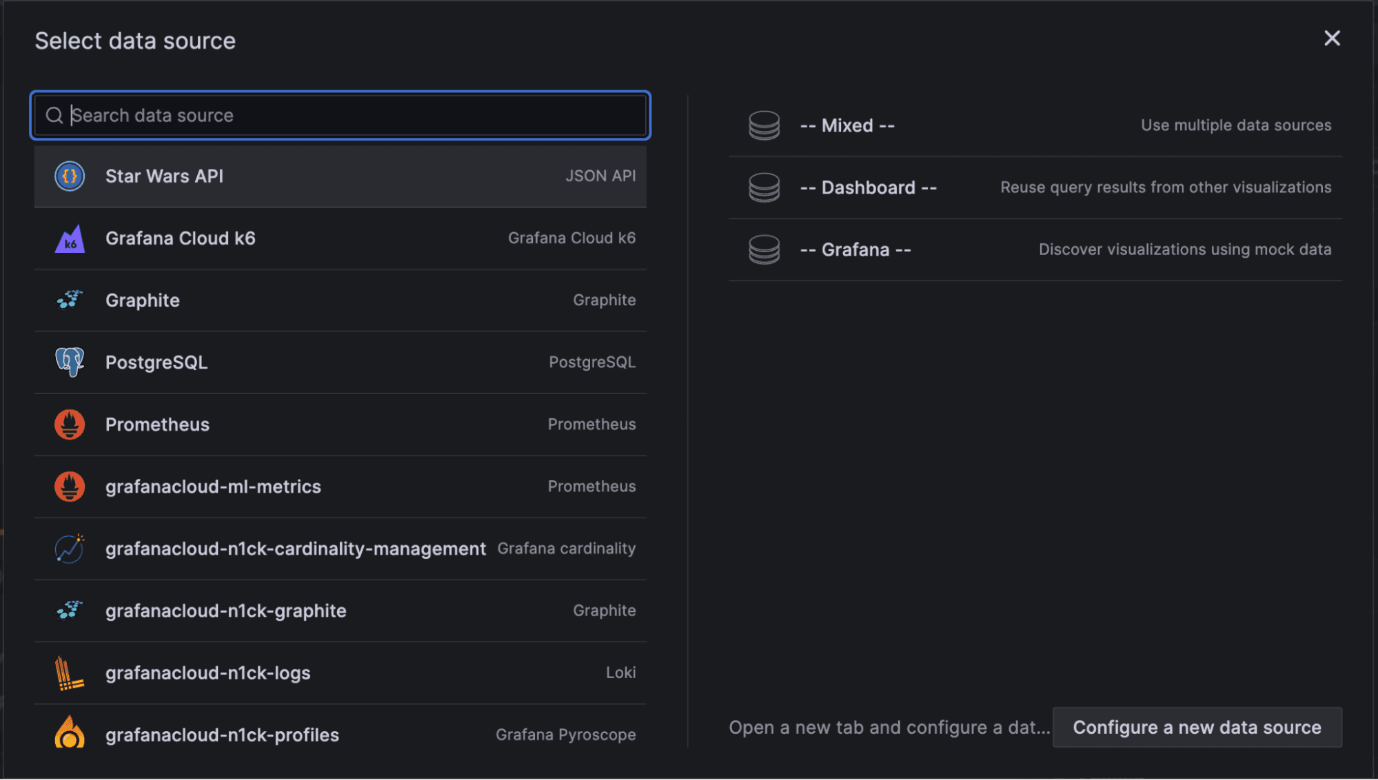 A drop-down menu displays several data sources you can pick from in the Grafana UI.