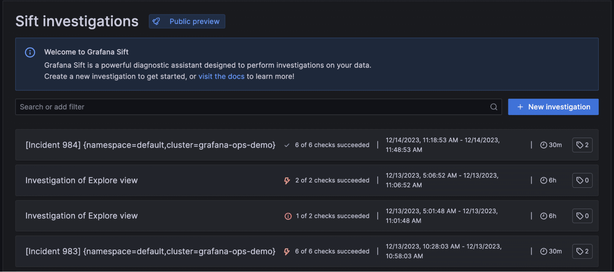 Grafana Sift homepage with lists of investigations