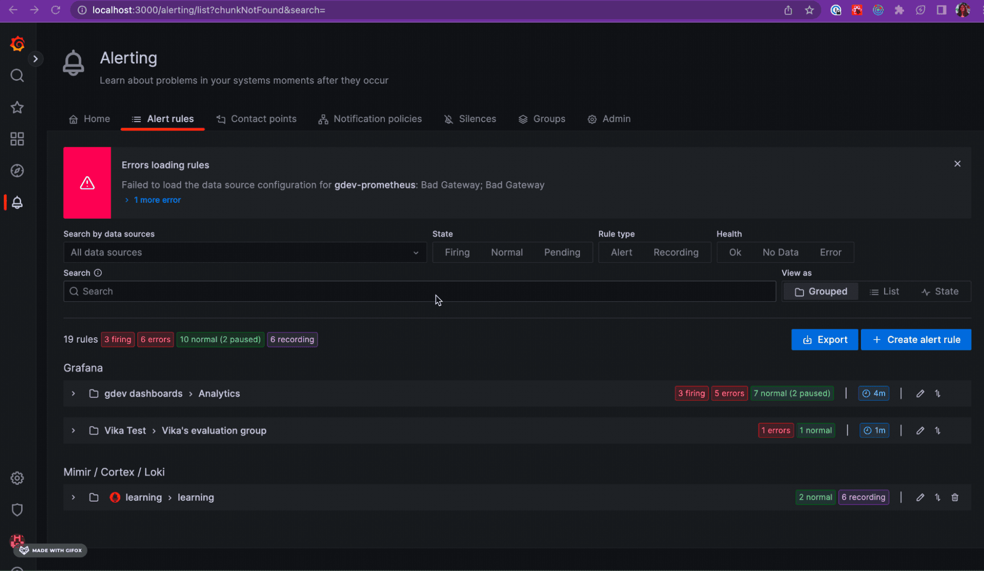 A Grafana Alerting dashboard displays alert rules for multiple data sources.