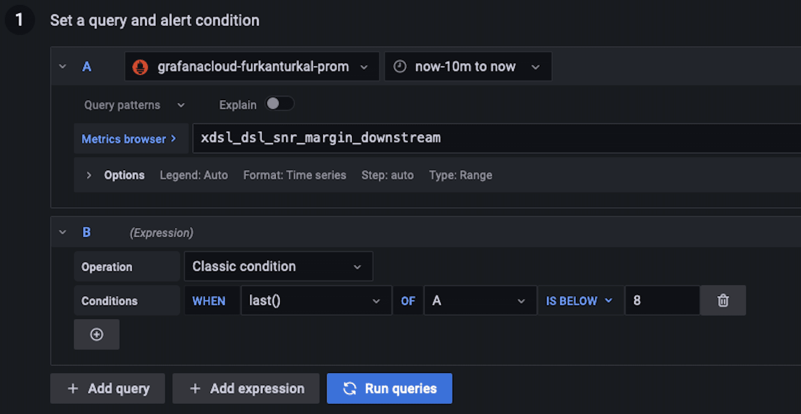 A screenshot showing a window for setting a query and alert condition in Grafana.