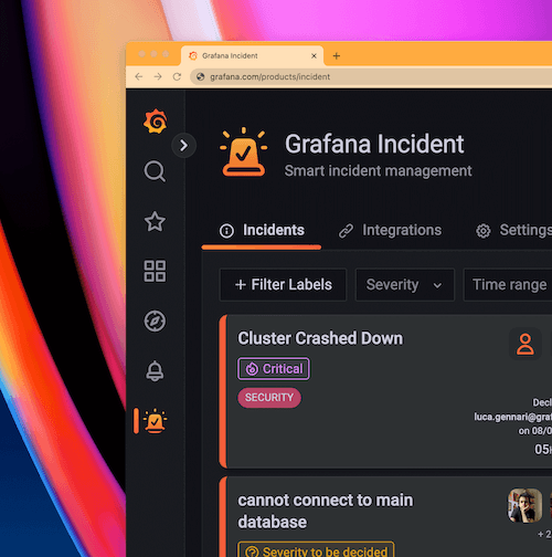Grafana vertical navigation bar with Grafana Incident.