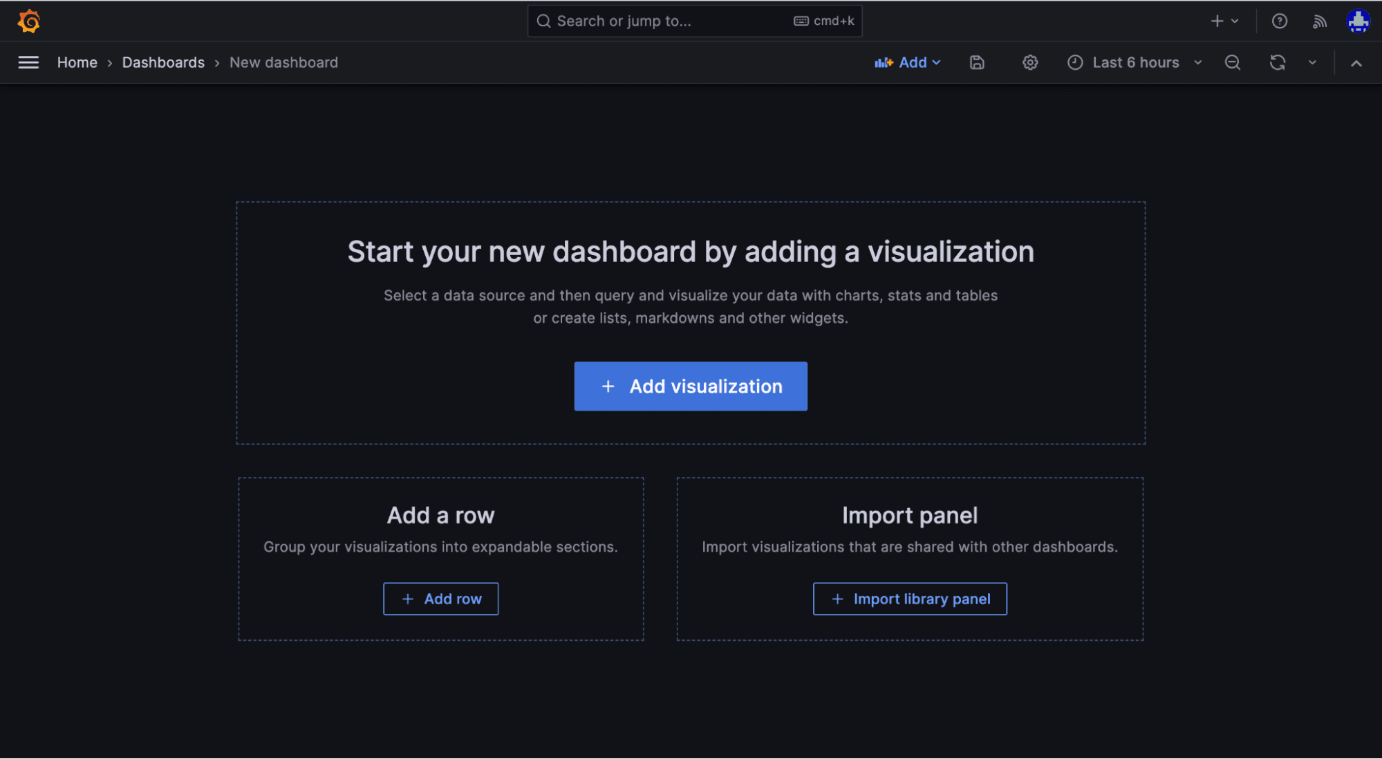 A screenshot of where you create a new dashboard in the Grafana UI.