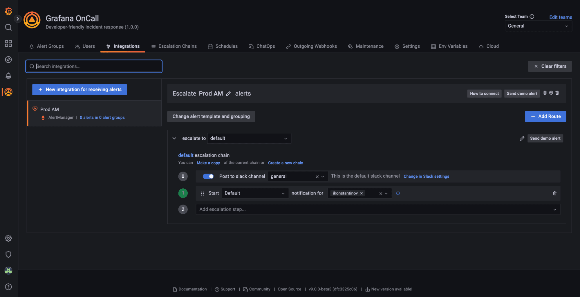Screenshot of Grafana OnCall UI with Prod AM integration.