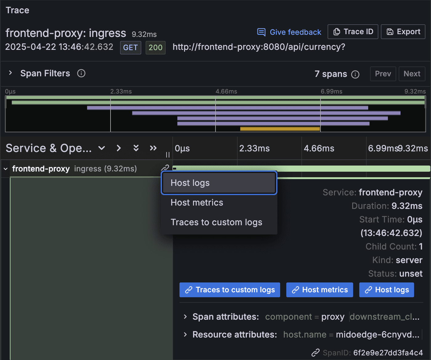 A screenshot of the Trace correlations feature in Grafana Cloud Traces.