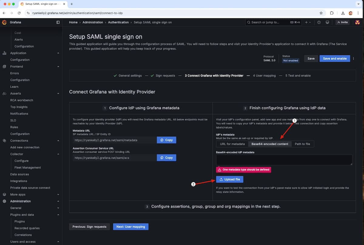 A screenshot of a Grafana Cloud setup window with arrows pointing to Base64-encoded content and the Upload file button