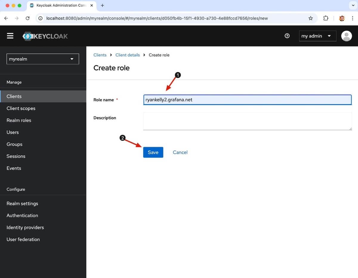 A screenshot of a Keycloak window with arrows showing the Role name box and save button