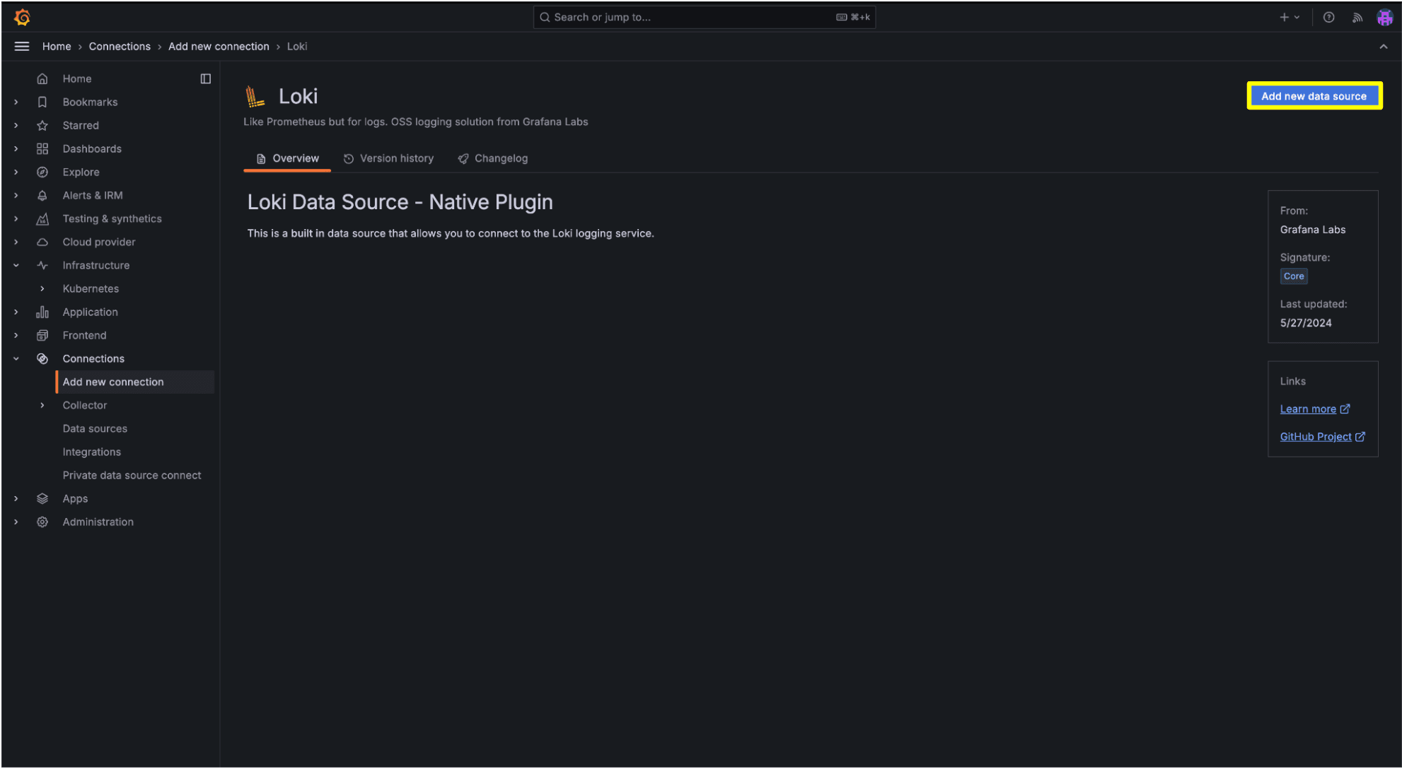 A screenshot showing how to add the Loki data source.