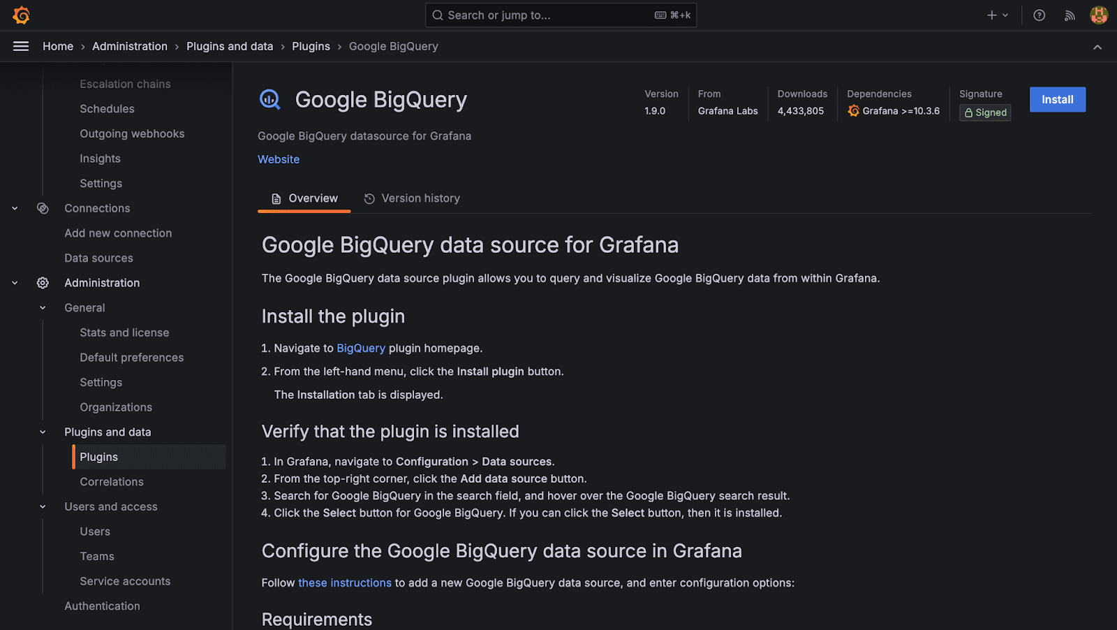 A screenshot of the the installation page for the BigQuery data source in Grafana.