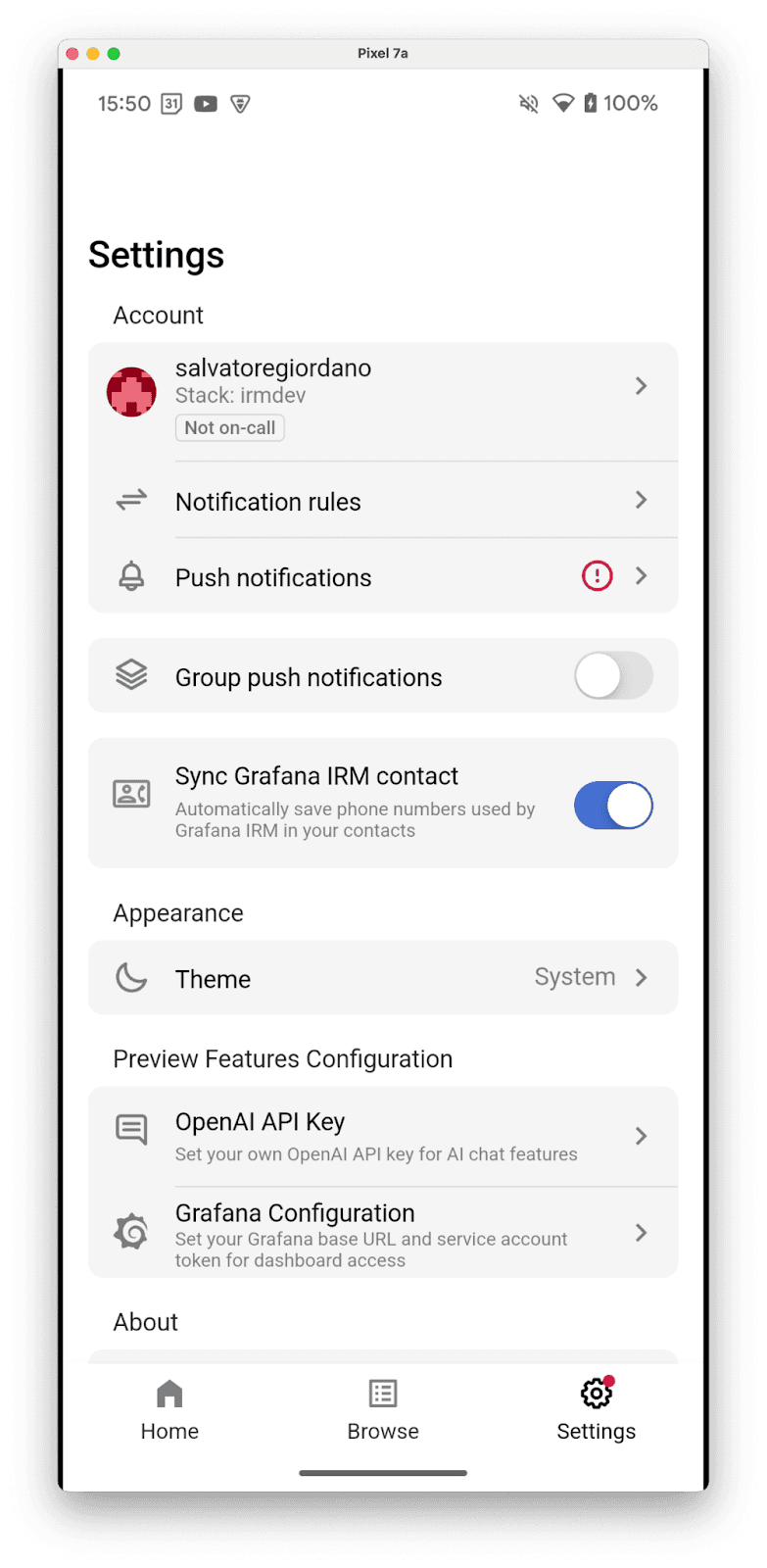 A screenshot of option to sync contacts in the Grafana IRM mobile app.