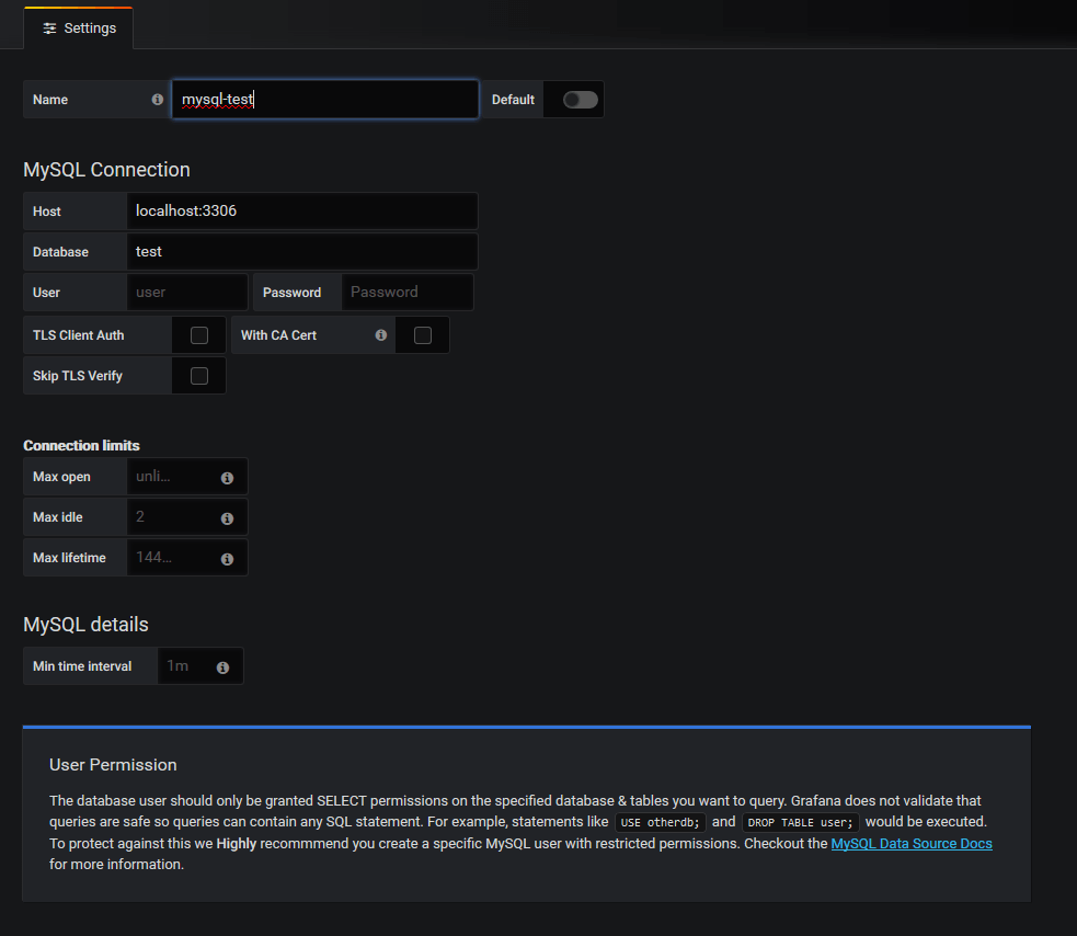 grafana create database mysql