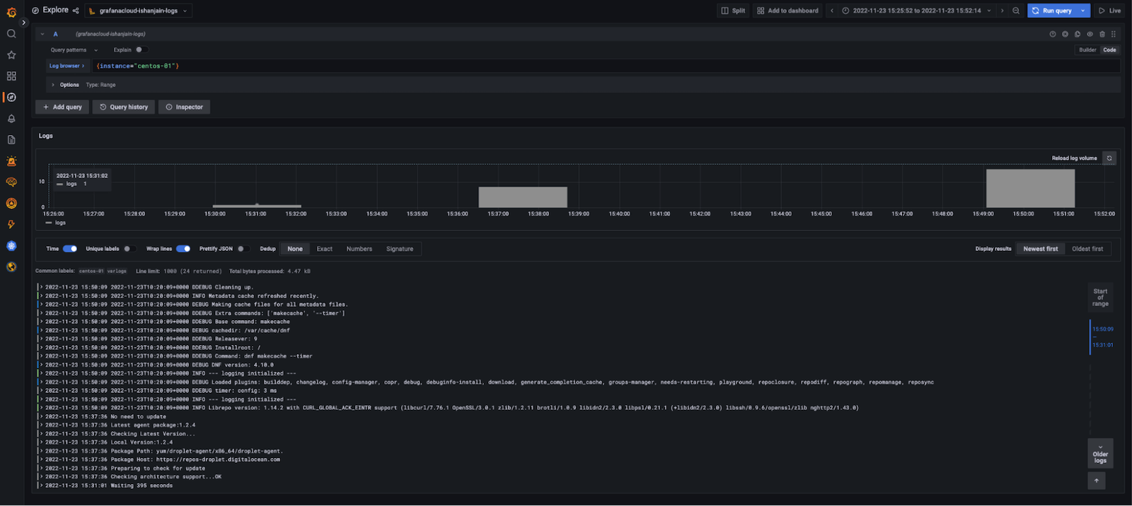 A Grafana dashboard showing ingested Logs from a Linux host