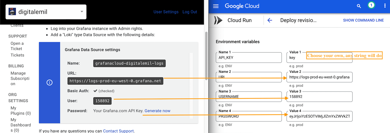 Setting the environment variables of the Cloud Run service