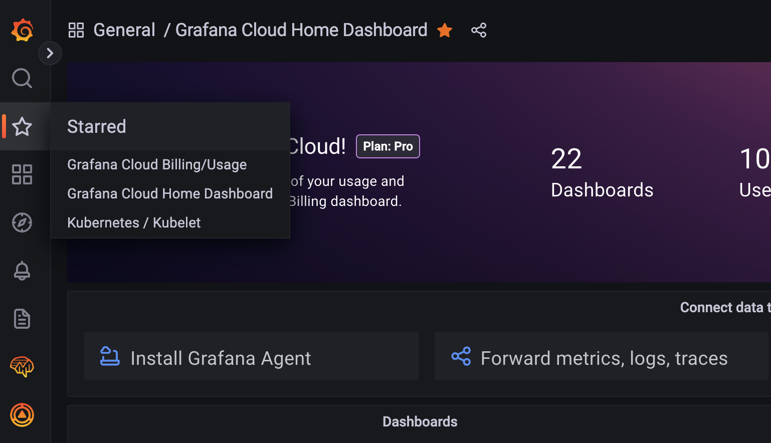 Starred dashboards feature in Grafana 9.1.