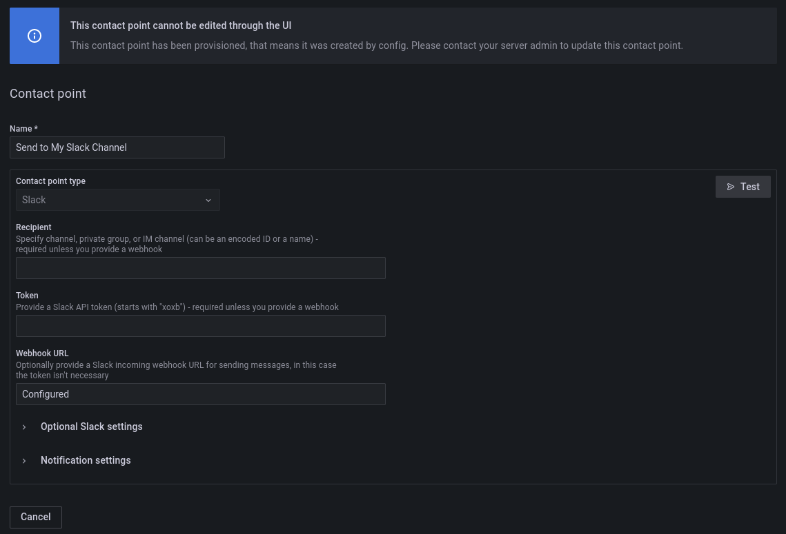 Screenshot of Terraform provisioned resource in Grafana Alerting UI for contact points. 