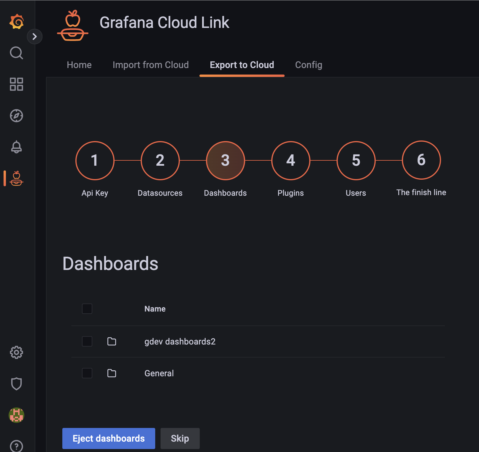Screenshot of Export feature in Grafana Cloud Link. 