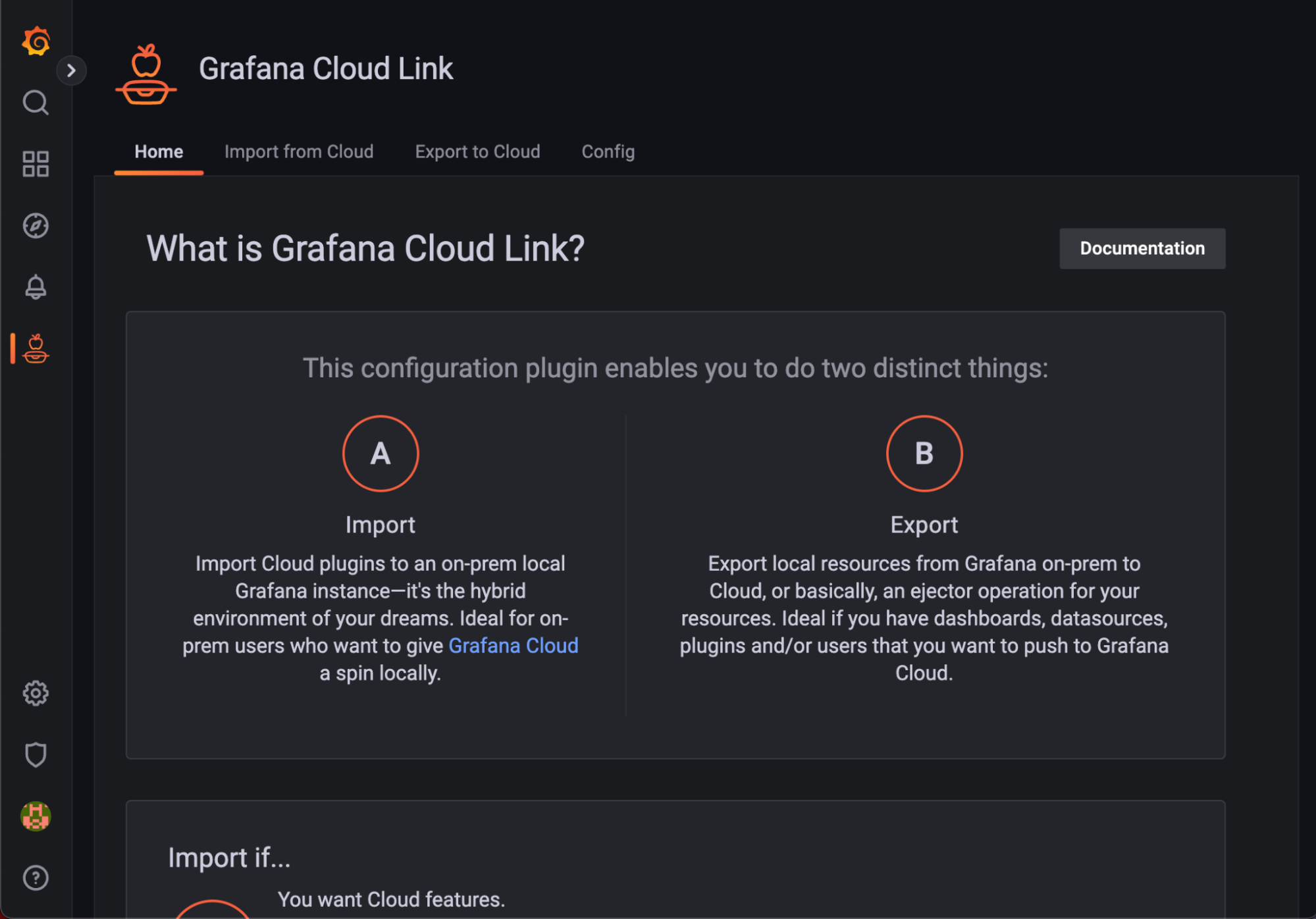Screenshot of Grafana Cloud Link homepage